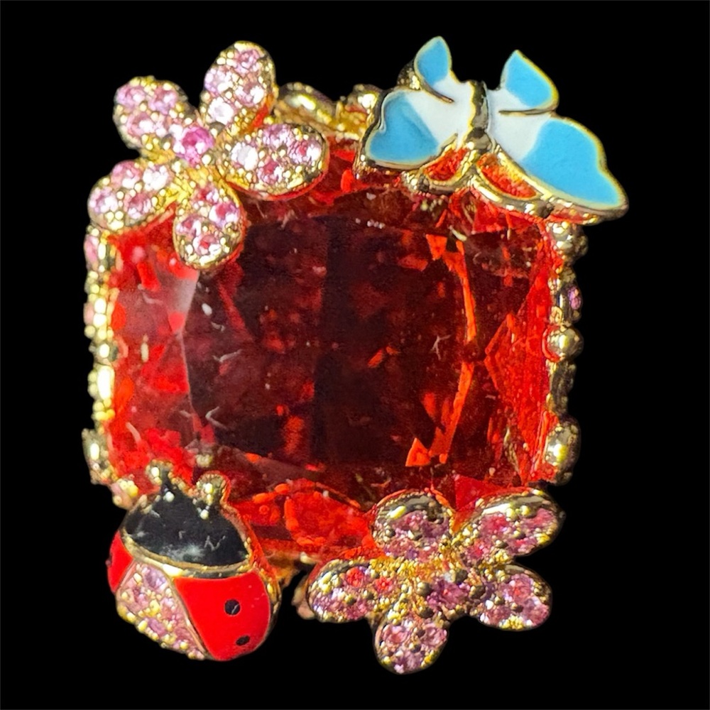 Orange Gemstone Ring with Ladybug Butterfly flowers